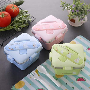 Set of insulated stainless steel kids lunch boxes in pink, blue, and green with rabbit design. www.usmile.toys