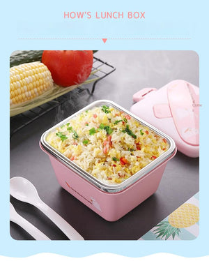 Set of insulated stainless steel kids lunch boxes in pink, blue, and green with rabbit design. www.usmile.toys