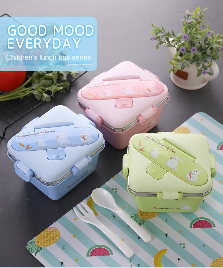 Durable insulated kids' tiffin boxes with stainless steel interior, available in pastel pink, blue, and green, perfect for school meals. www.usmile.toys