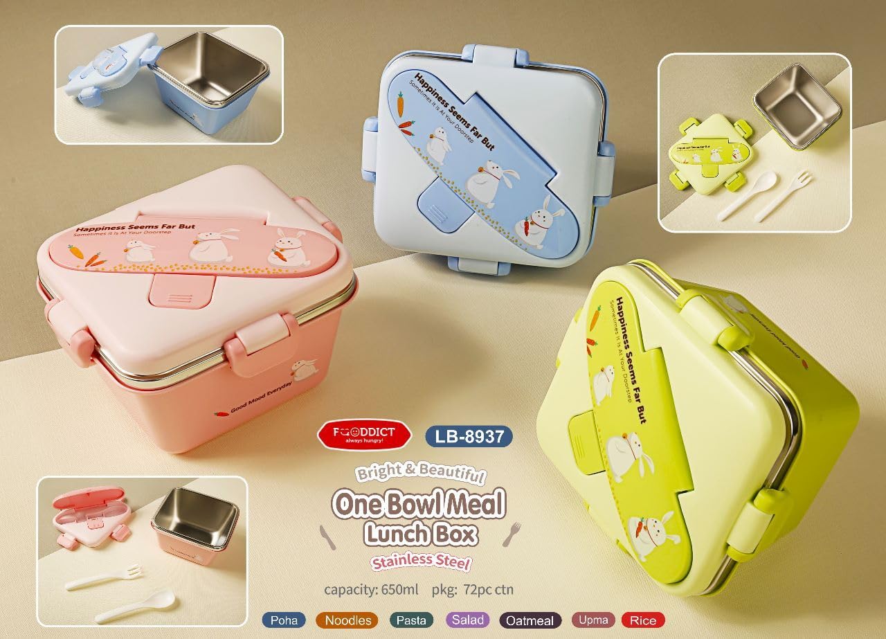 Durable insulated kids' tiffin boxes with stainless steel interior, available in pastel pink, blue, and green, perfect for school meals. www.usmile.toys